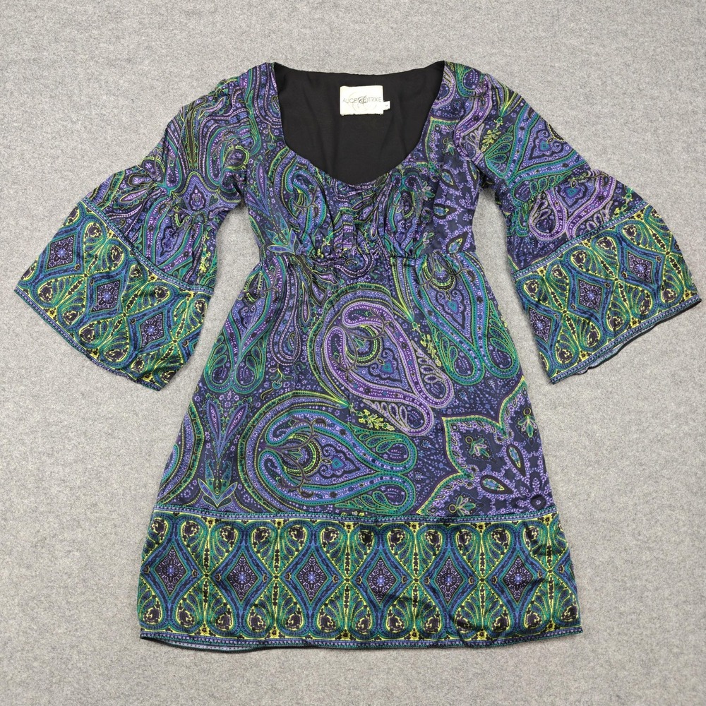 Alice & Trixie Dress Womens M Multicolor Paisley Silk Long Bell Sleeve Mini Boho